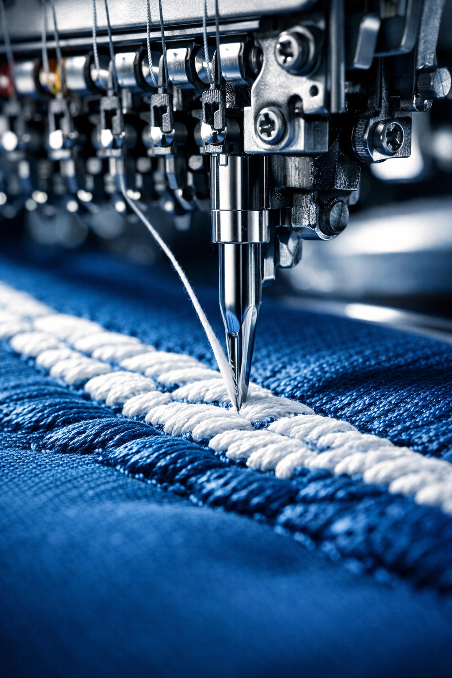 Industrial embroidery machine stitching a professional logo with white thread on blue fabric.