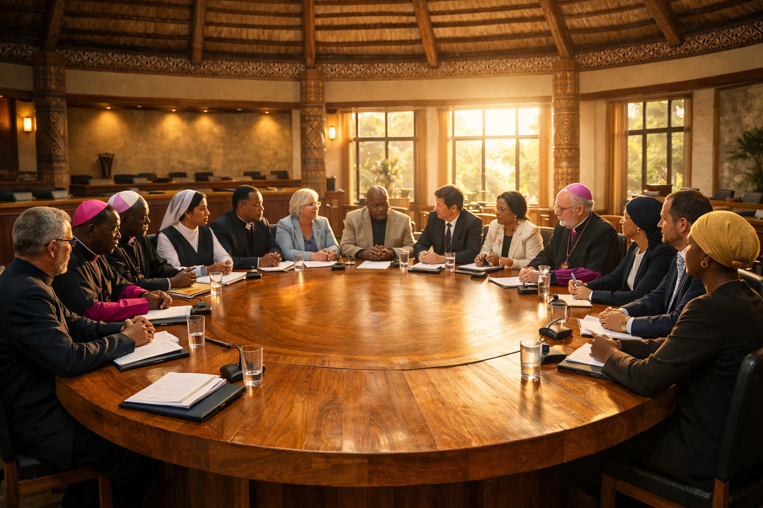 Global Anglican Council delegates in Abuja discussing the G26 church restructuring around a wooden table.