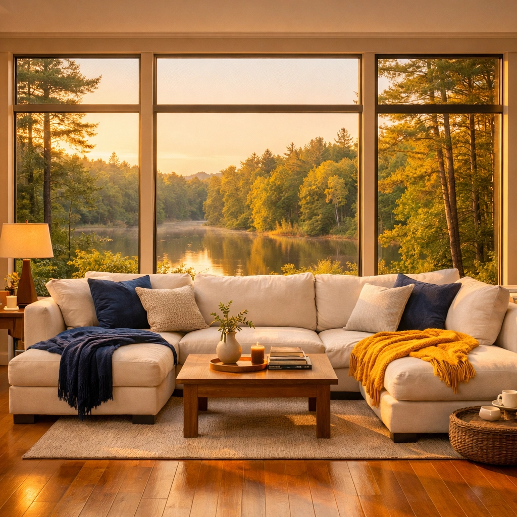 Impeccably cleaned Concord estate living room with views of Walden Pond woods and polished hardwood floors.