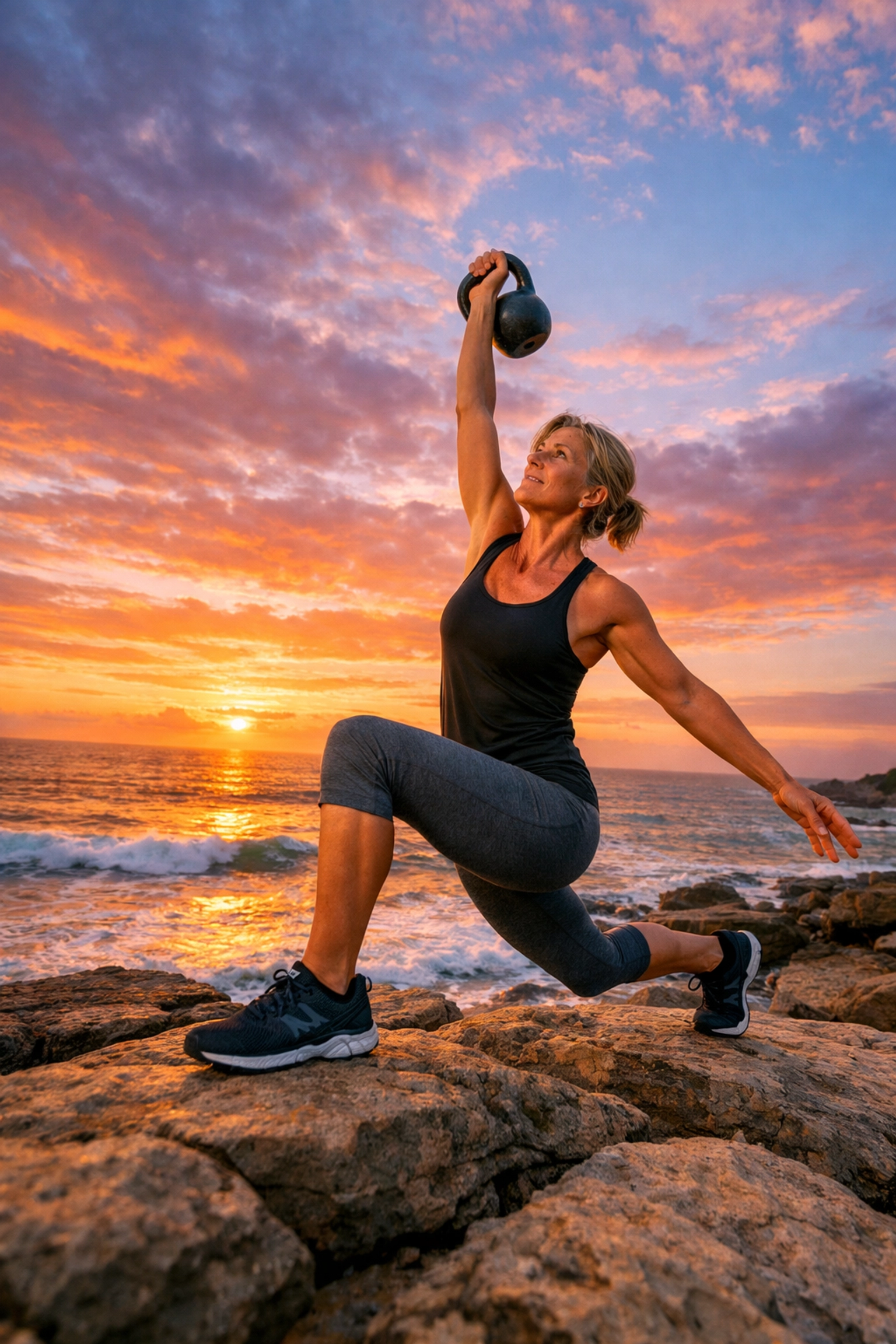 Active woman in her 50s exercising to improve bone density and muscle longevity.
