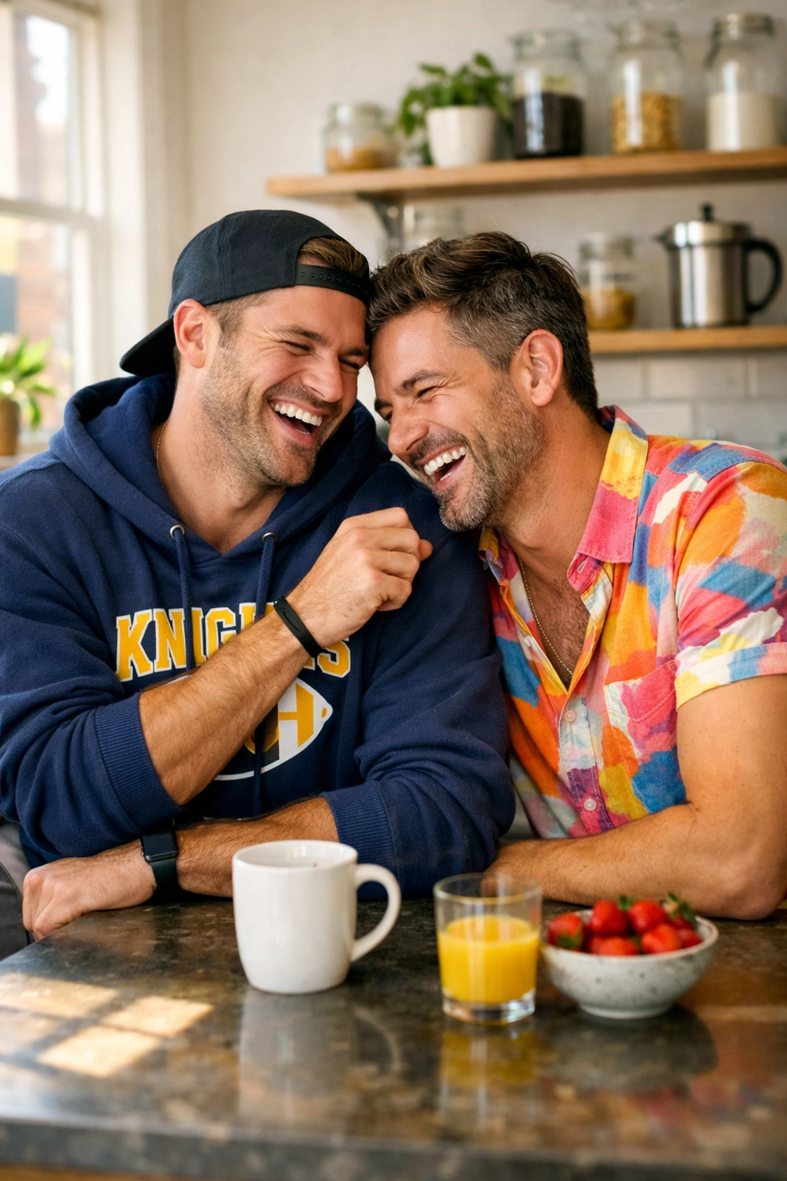 A happy gay couple sharing a joyful moment in a sunlit kitchen, showing real feelings in an MM romance story.