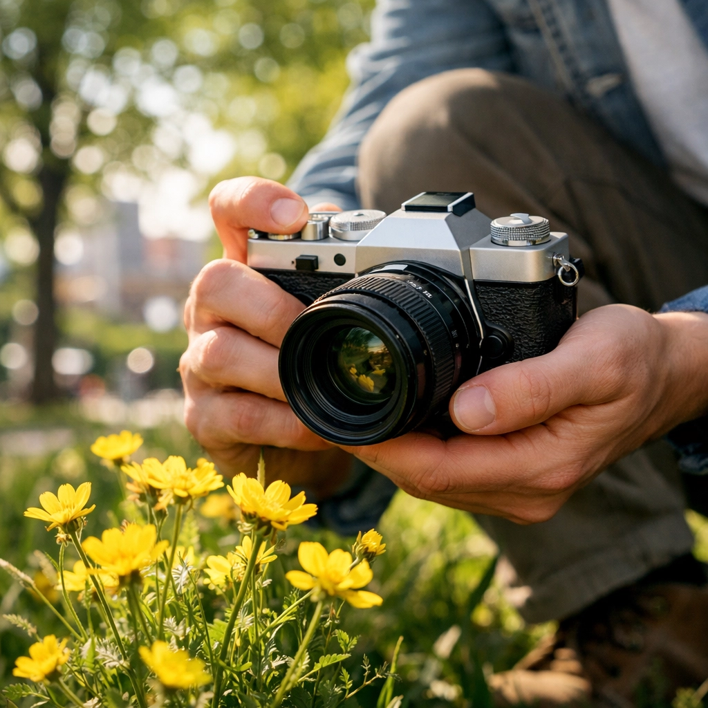 Hands holding a compact mirrorless camera in a sunny park, perfect for photography for beginners.