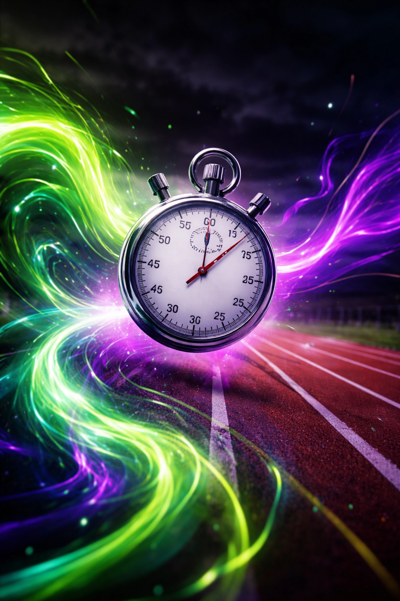 Stopwatch floating above a track, representing interval training and the balance of conditioning and rest.