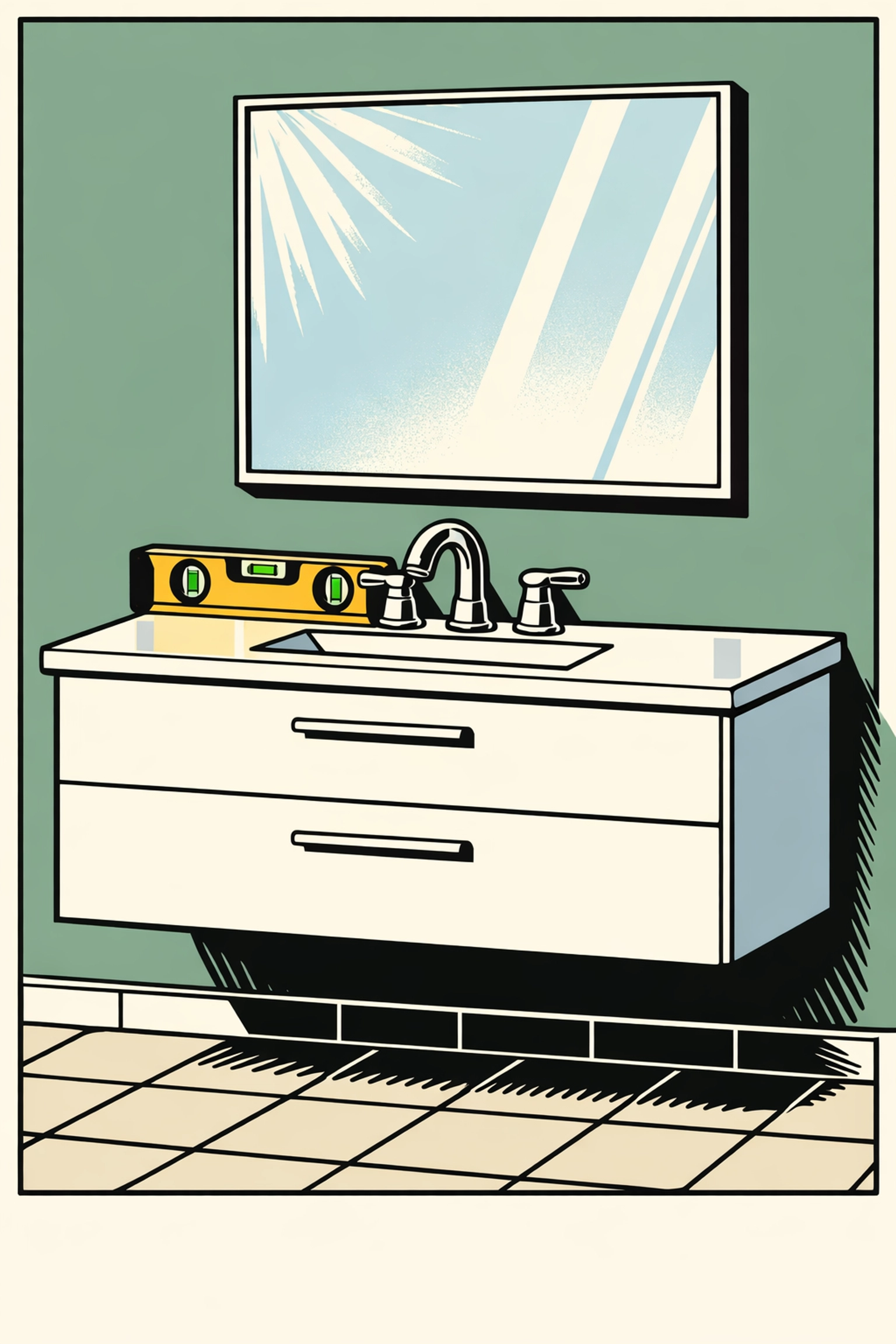 Professional floating bathroom vanity installation with level tool and fixtures