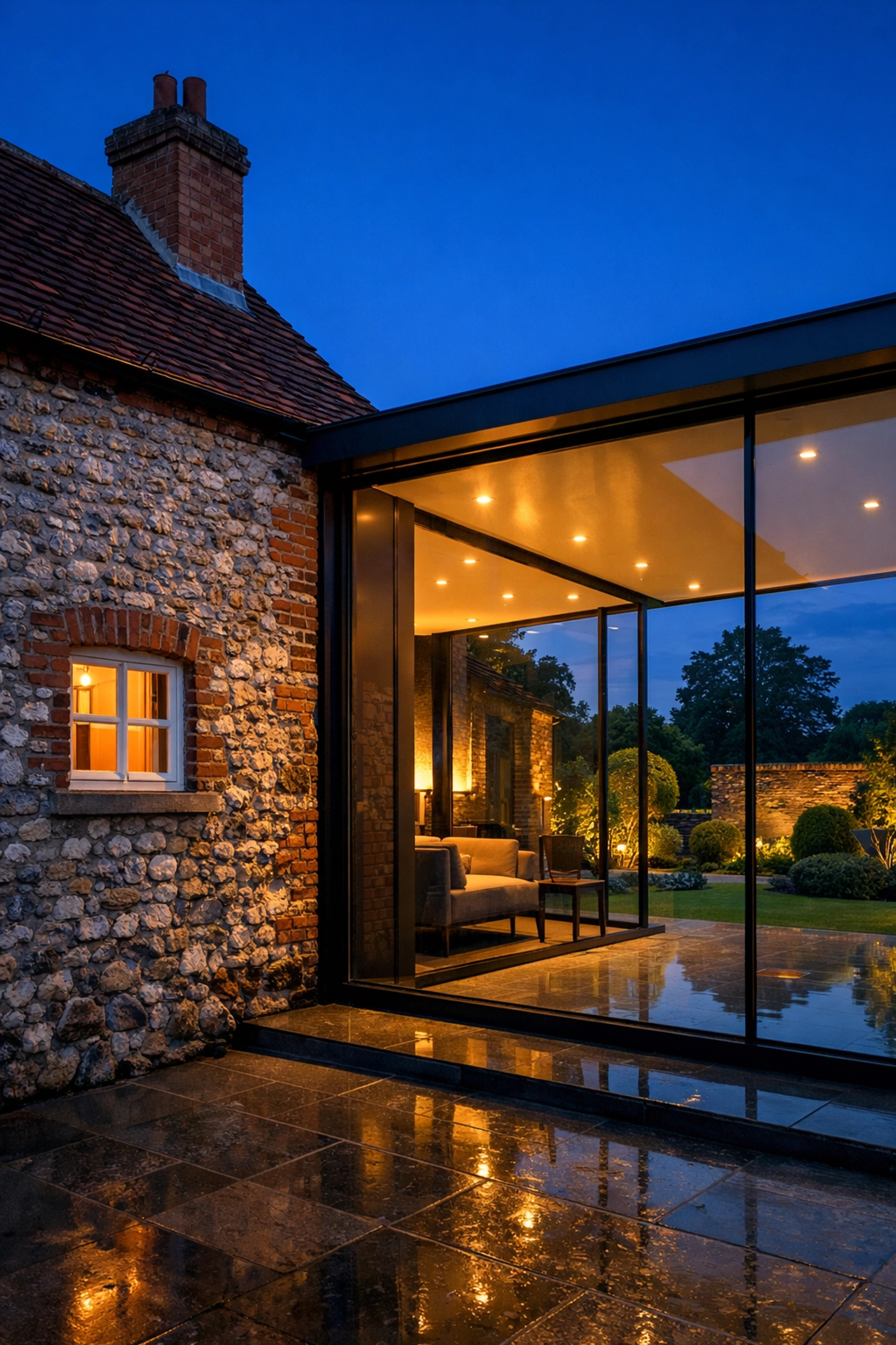 Modern glass extension connected to a traditional 18th-century Sussex flint wall.