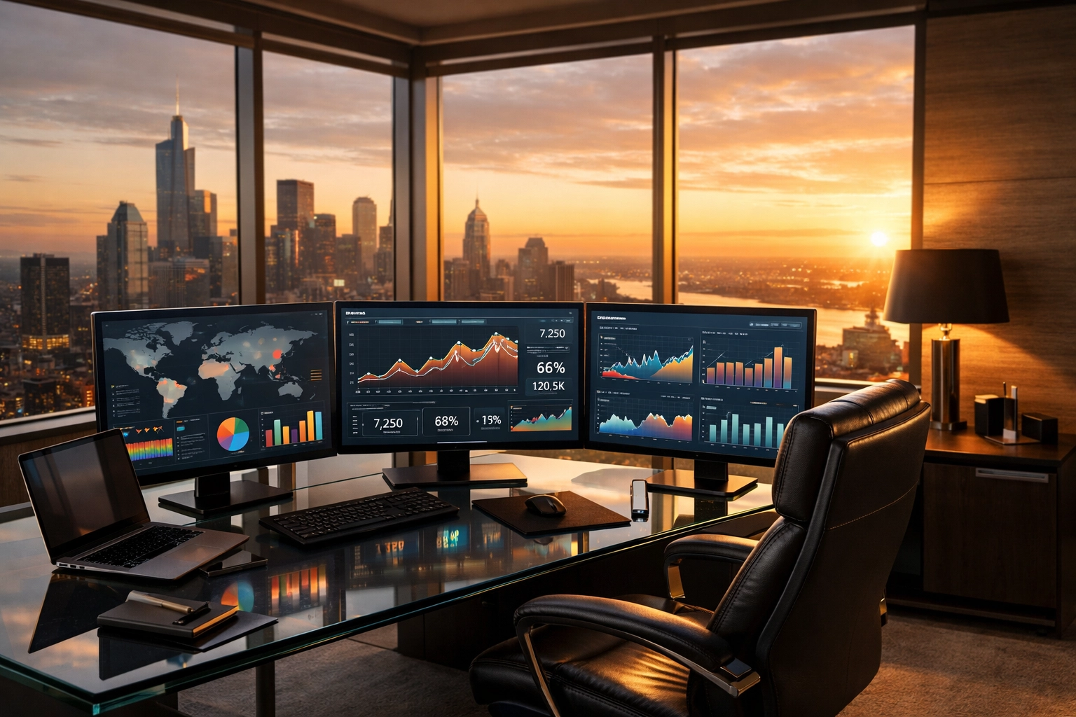 Executive office with multiple monitors displaying talent analytics dashboards and metrics