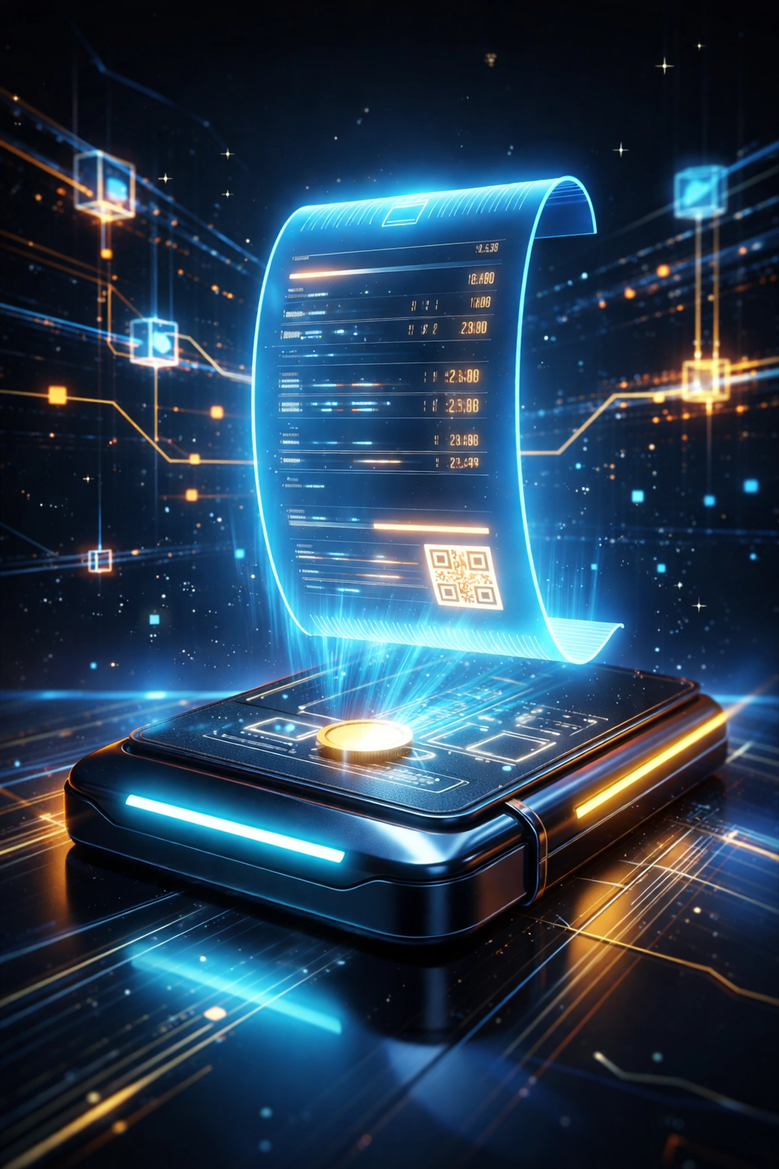Holographic NFT receipt floating above digital wallet demonstrating blockchain-verified tax documentation