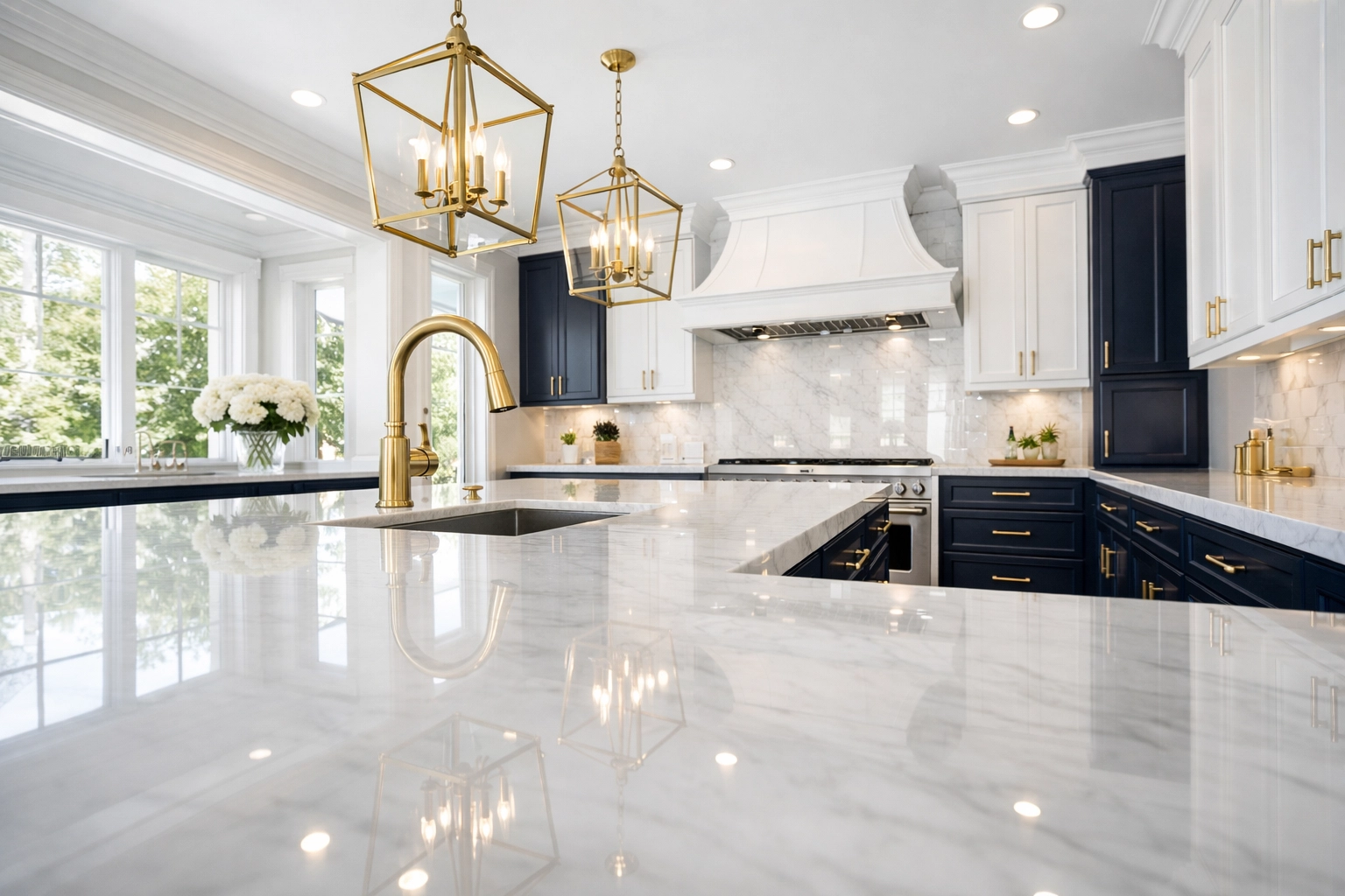 Pristine modern kitchen with white marble countertops after a professional house cleaning Milton MA service.