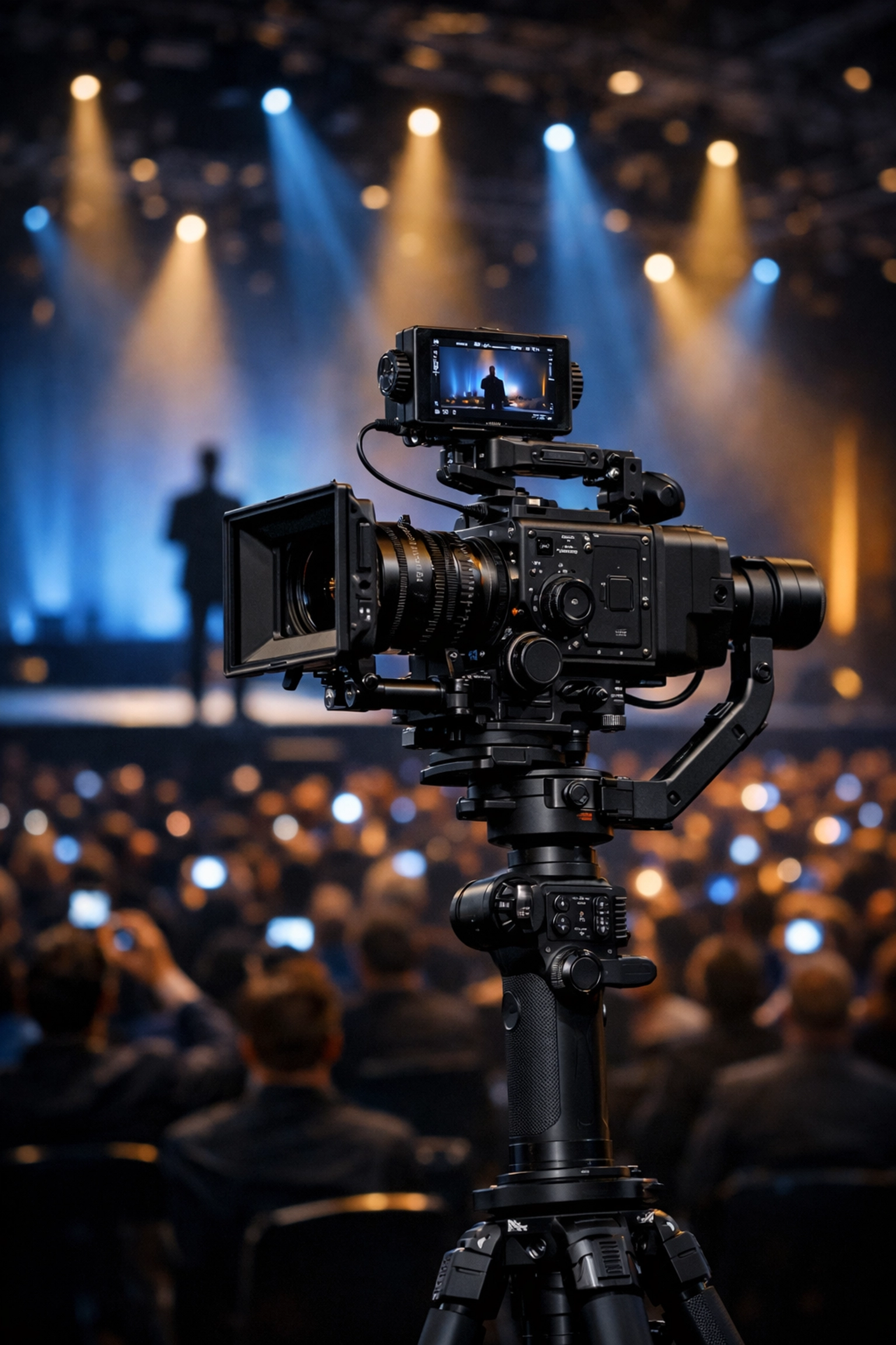 Professional camera capturing high-quality corporate event video production at a Las Vegas convention.