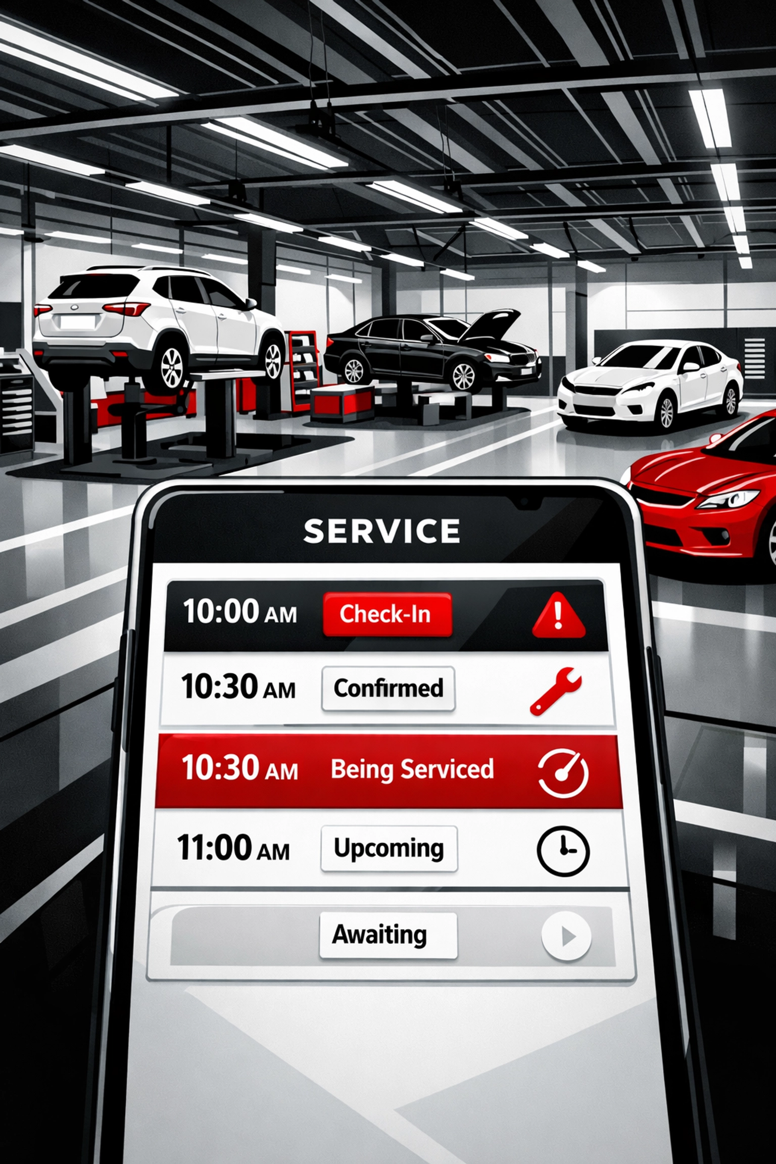 Dealership service bay with digital appointment scheduling system for recall management
