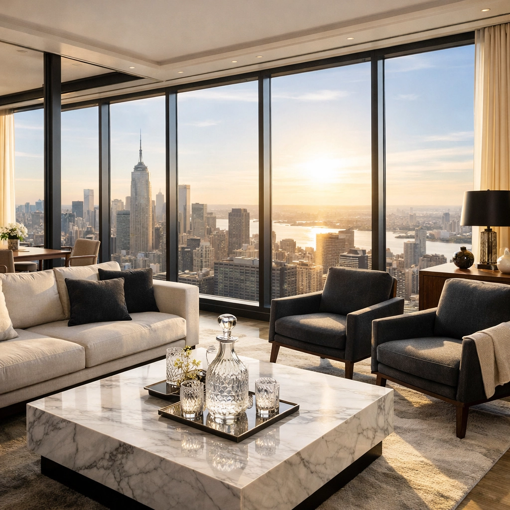 Luxury penthouse hotel suite with city views for high-level Super Bowl executive travel.
