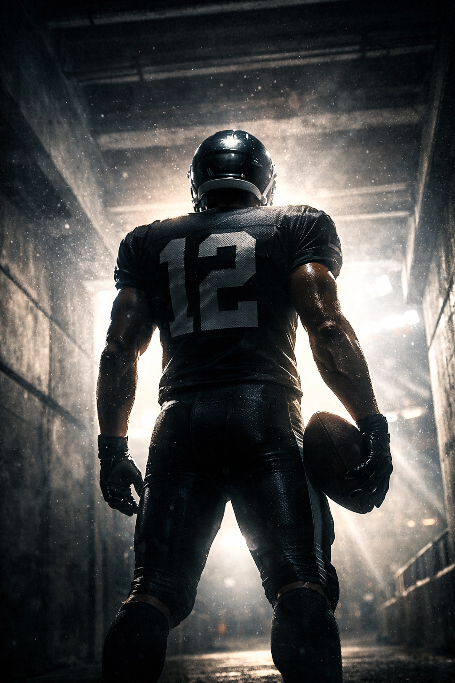 Professional football player entering a stadium tunnel, symbolizing high-performance brand leadership and athlete NIL.