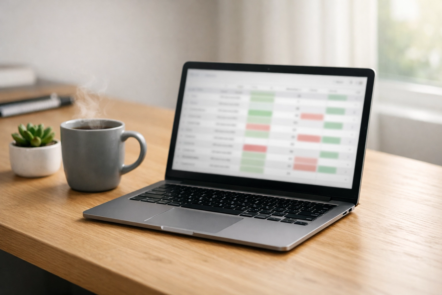 A laptop displaying a color-coded inventory spreadsheet, helping with organized bookkeeping for small businesses.