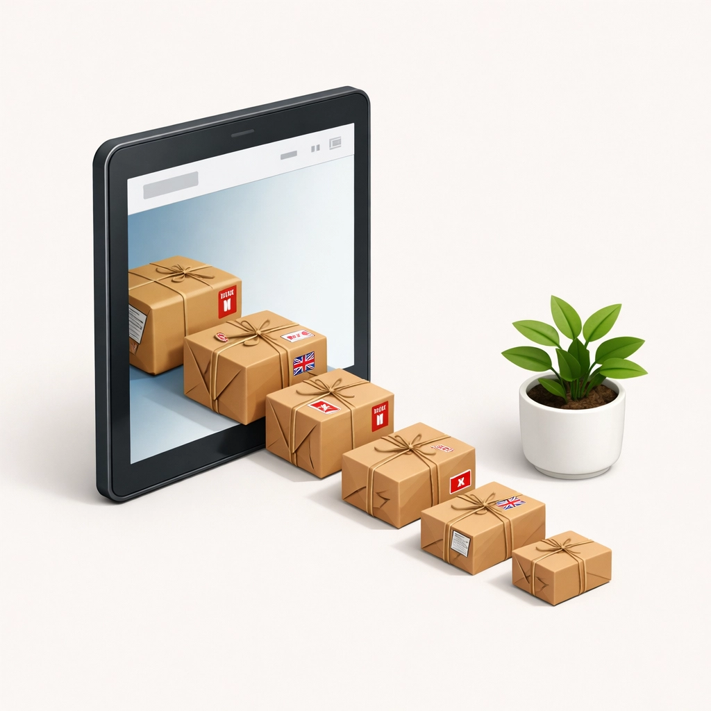 Growing UK e-commerce business represented by a tablet and physical parcels with British postage.