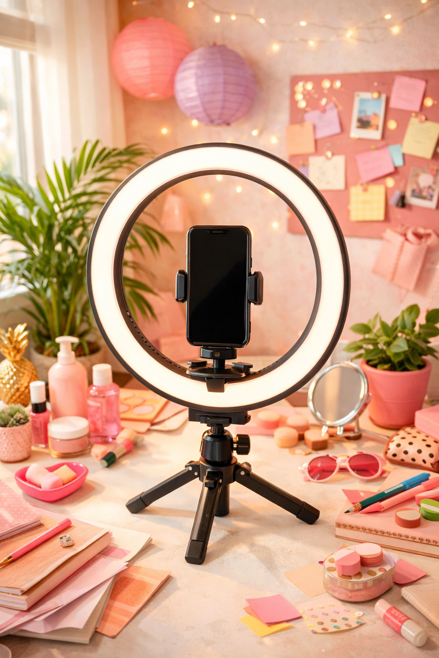 Professional content creator workspace setup with smartphone, ring light, and video equipment