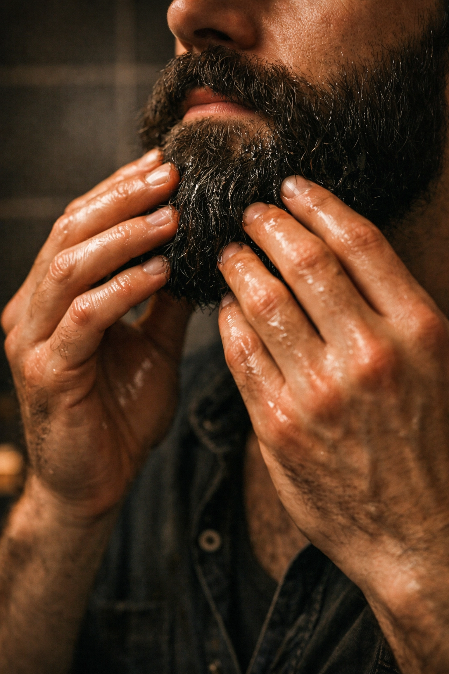 Close-up of a man applying beard oil through a thick, well-maintained beard during a grooming ritual.