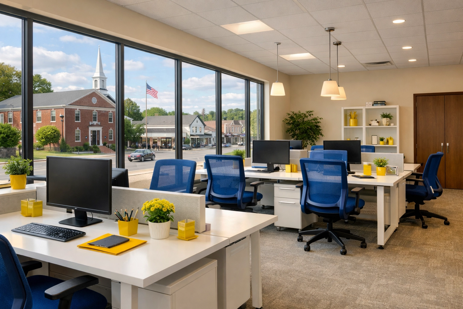 Fresh and clean open-plan office in Holbrook, MA, featuring spotless desks and windows.