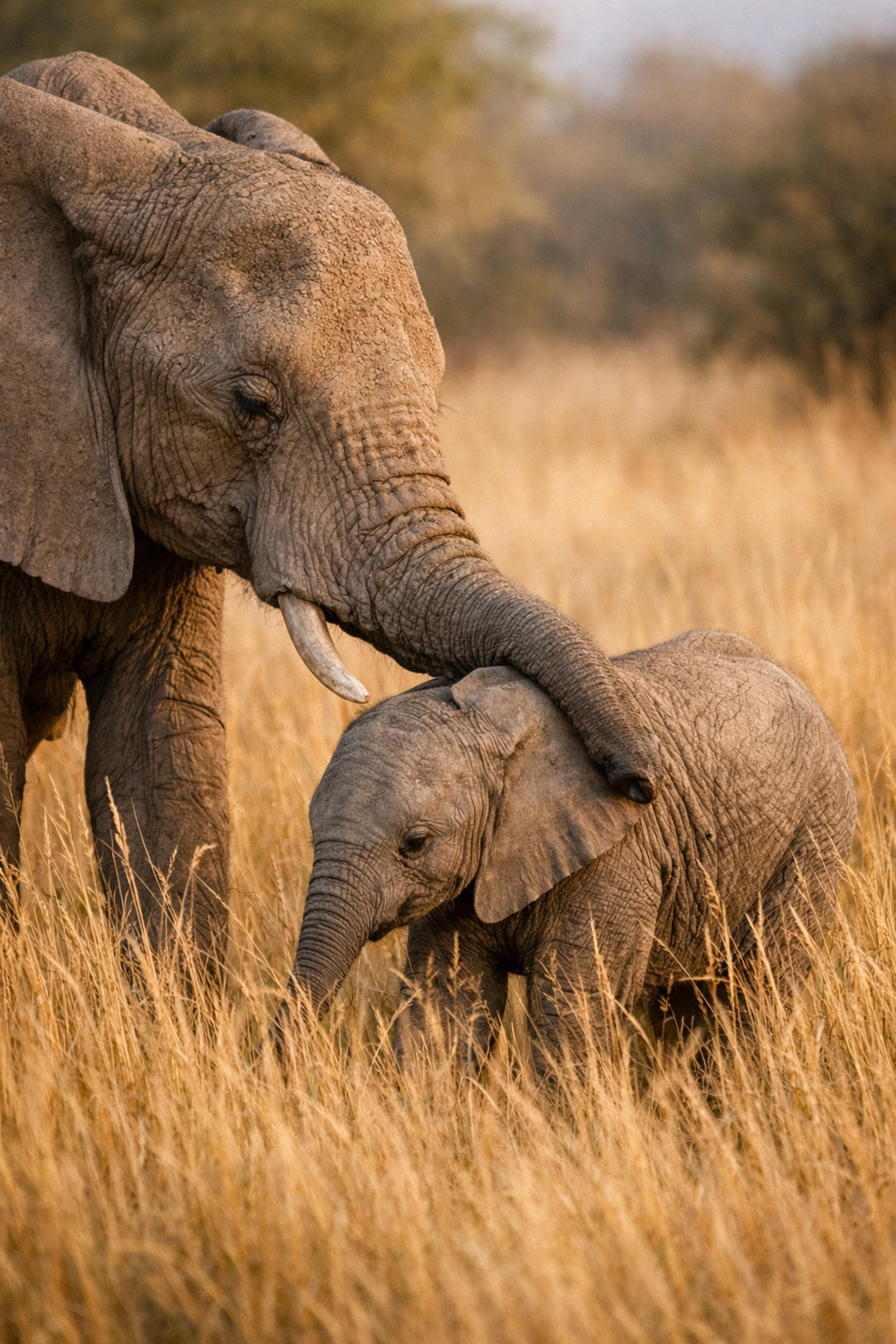 African elephant mother and calf in golden grass, symbolizing the future of conservation storytelling.