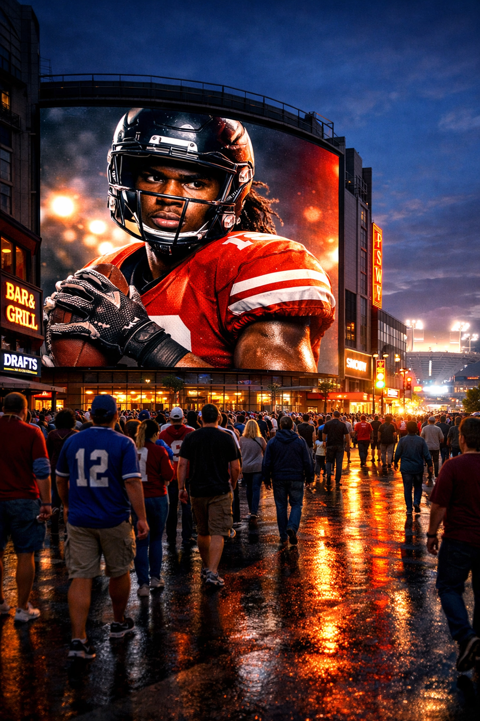 Large digital billboard displaying a student-athlete near a Super Bowl stadium using programmatic DOOH.