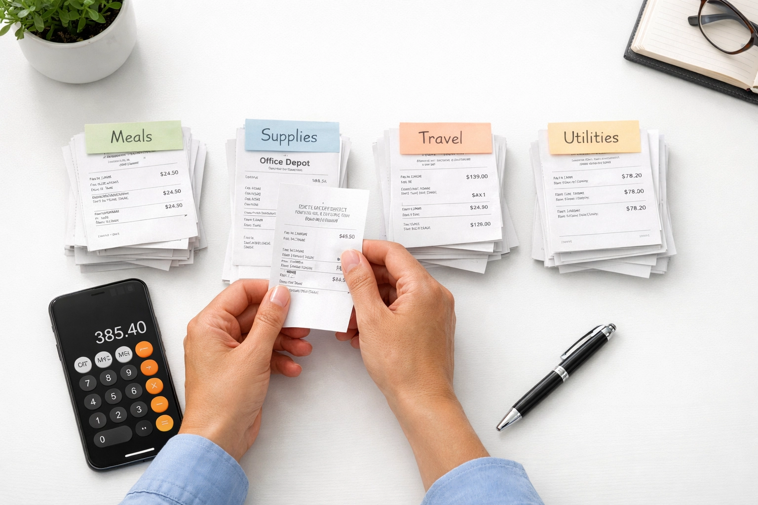 Small business owner organizing expense receipts for tax deductions