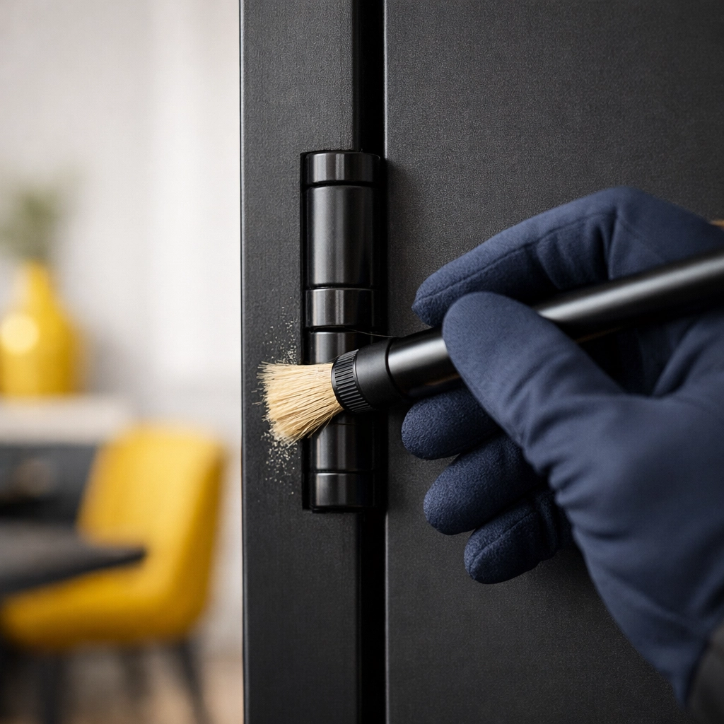 Detailing door hinges during professional commercial cleaning to remove hidden dust in a Hudson storefront.