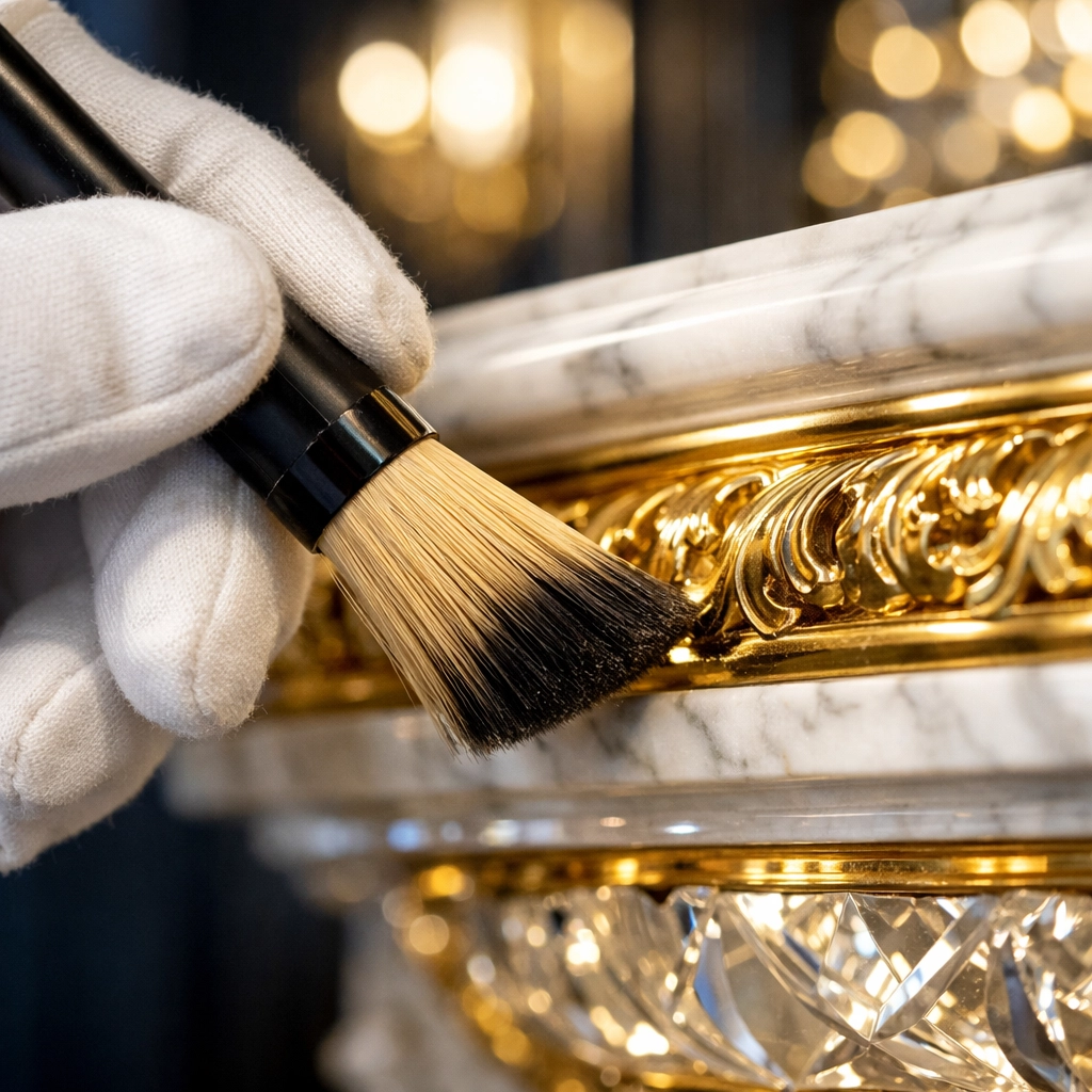 White glove residential cleaning Massachusetts showing meticulous attention to detail on luxury Dover home fixtures.