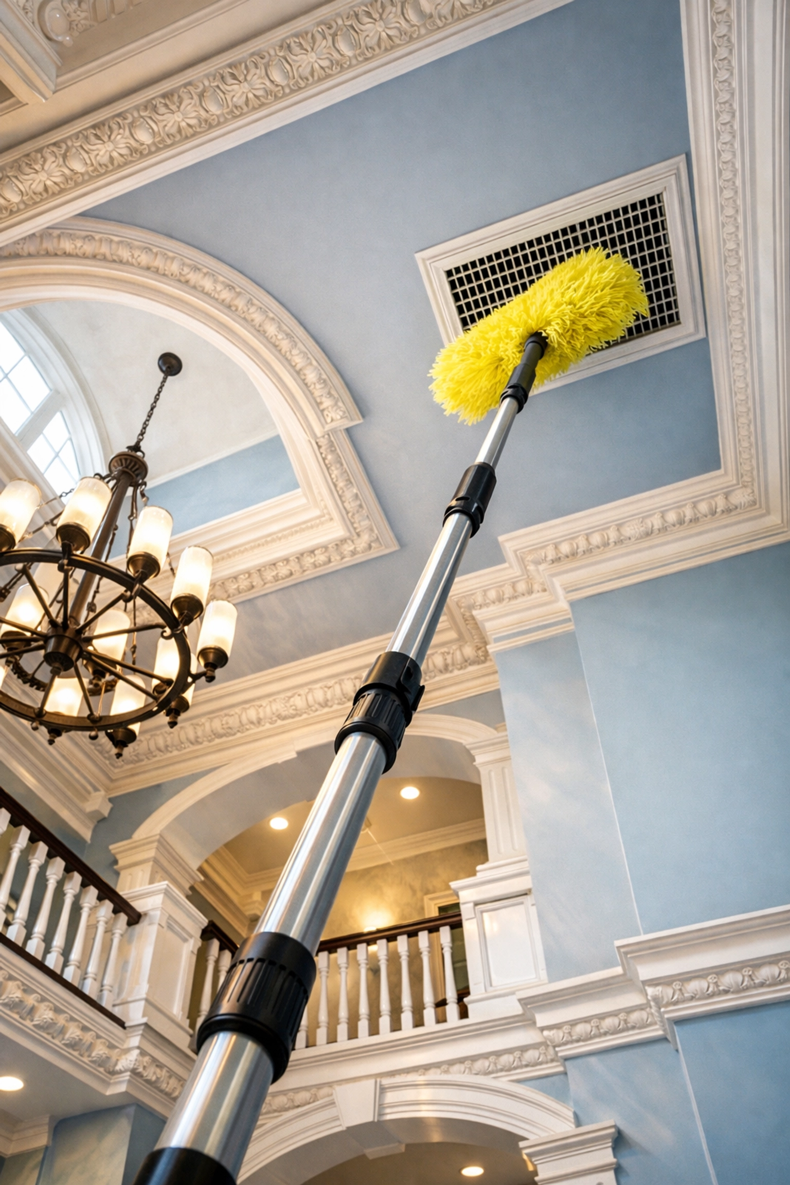 Top-to-bottom post-construction cleaning MA showing a professional duster reaching high vents in a luxury foyer.