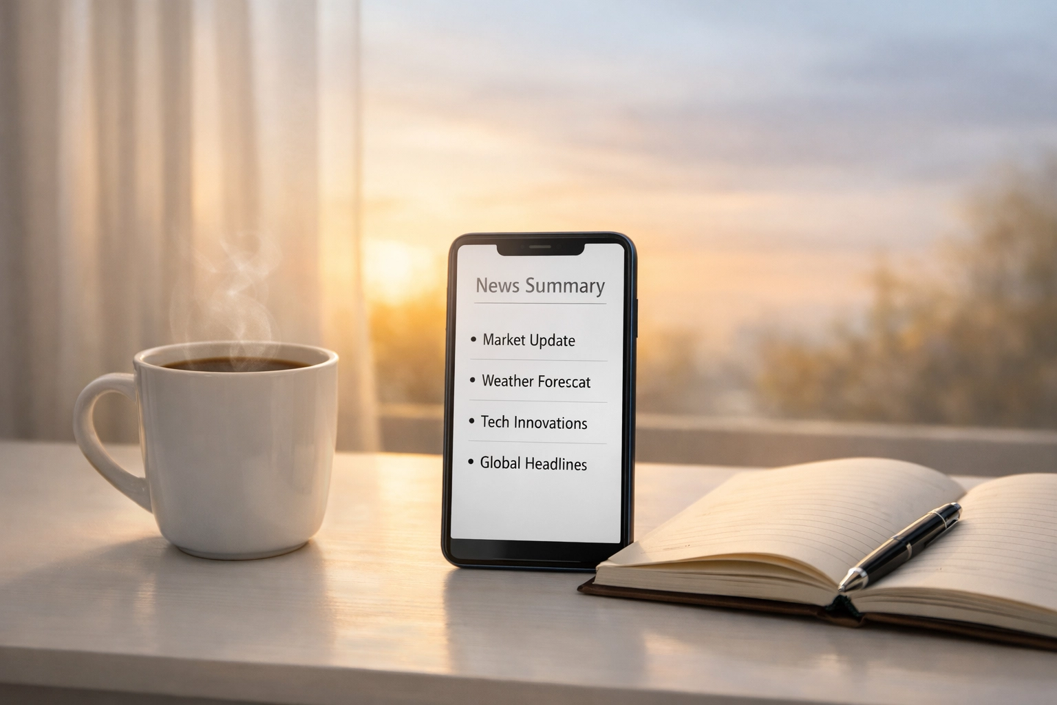 Peaceful morning desk with phone displaying news summary, coffee, and journal for calm information consumption