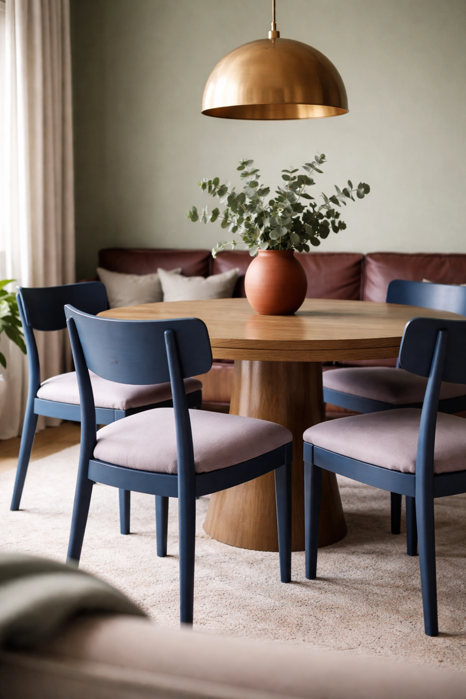 Elegant dining room with blue wood dining chairs, khaki oak table, and lavender accents, showcasing luxury designer furniture color trends.