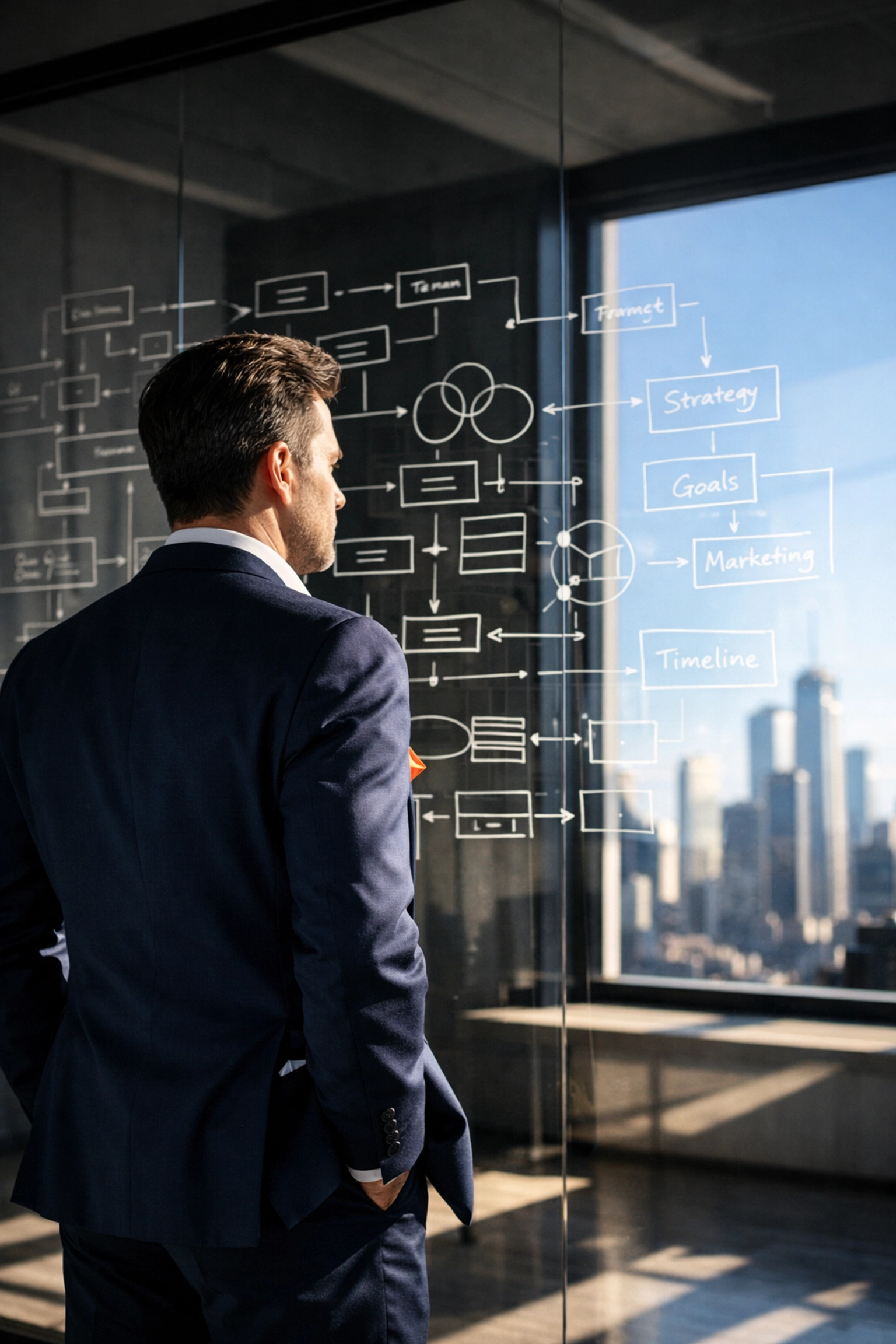 A business owner reviewing workflow diagrams on a glass wall to prepare for owner independence.