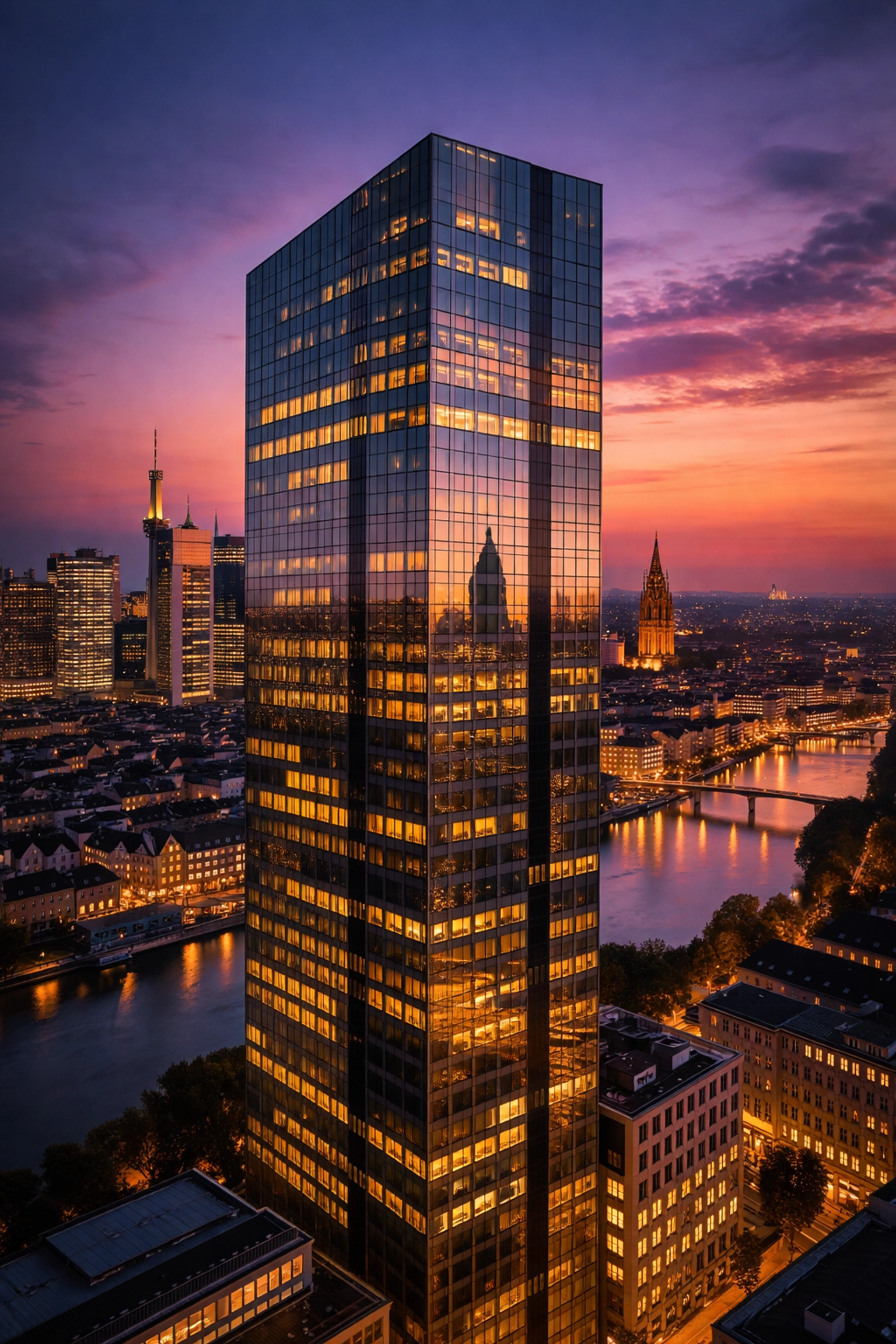 Modern European financial district skyscraper at twilight, symbolizing global investment opportunities in hedge funds.