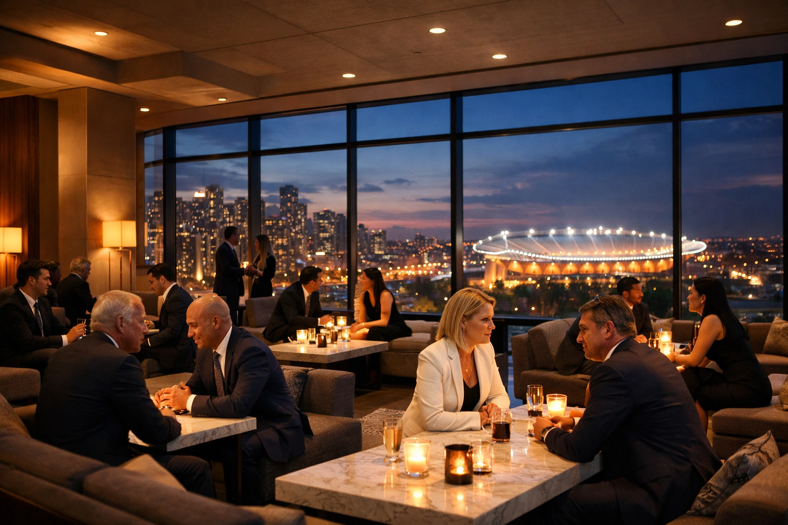 Executives networking in a luxury corporate lounge with a Super Bowl stadium view.