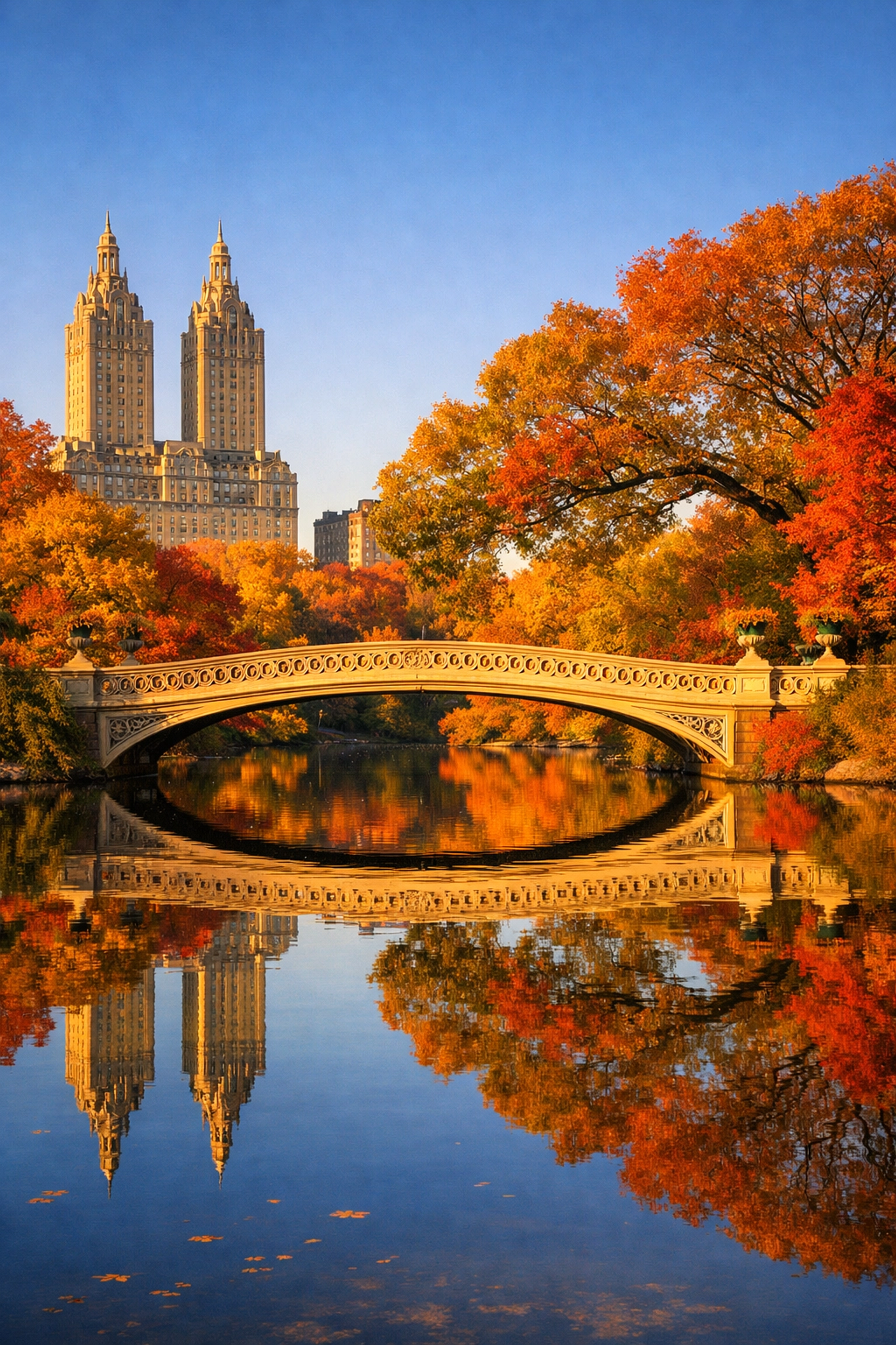The iconic Bow Bridge in Central Park during autumn, perfect for capturing scenic New York photography.