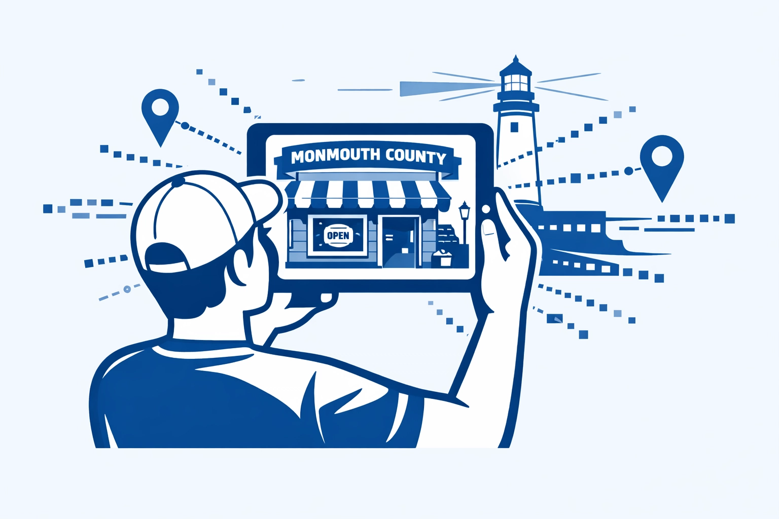 Digital illustration of geotagging local media to boost AI search visibility for Monmouth County businesses.