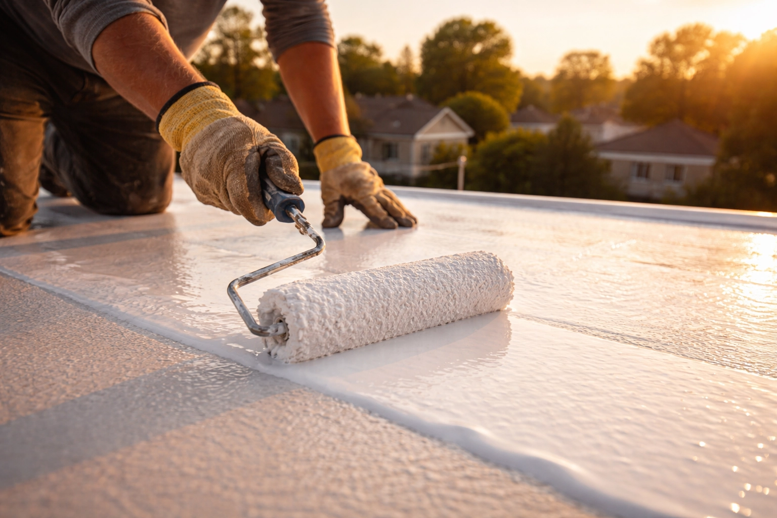 Professional roofer applying reflective white coating to Charlotte NC home roof, showing energy-saving benefits and expert protection.