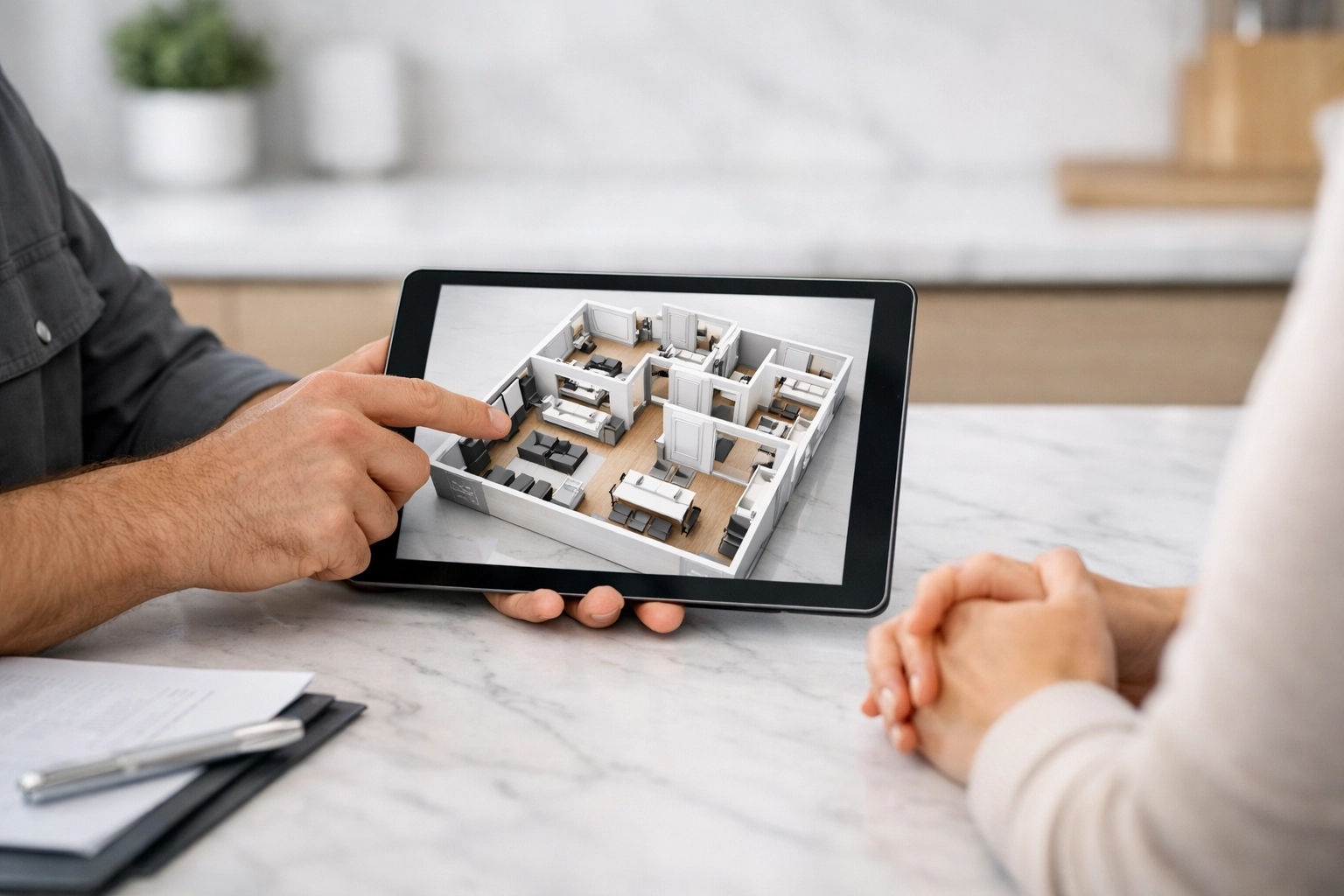 Remodeling expert showing digital floor plans to an Orlando homeowner at a marble kitchen island.