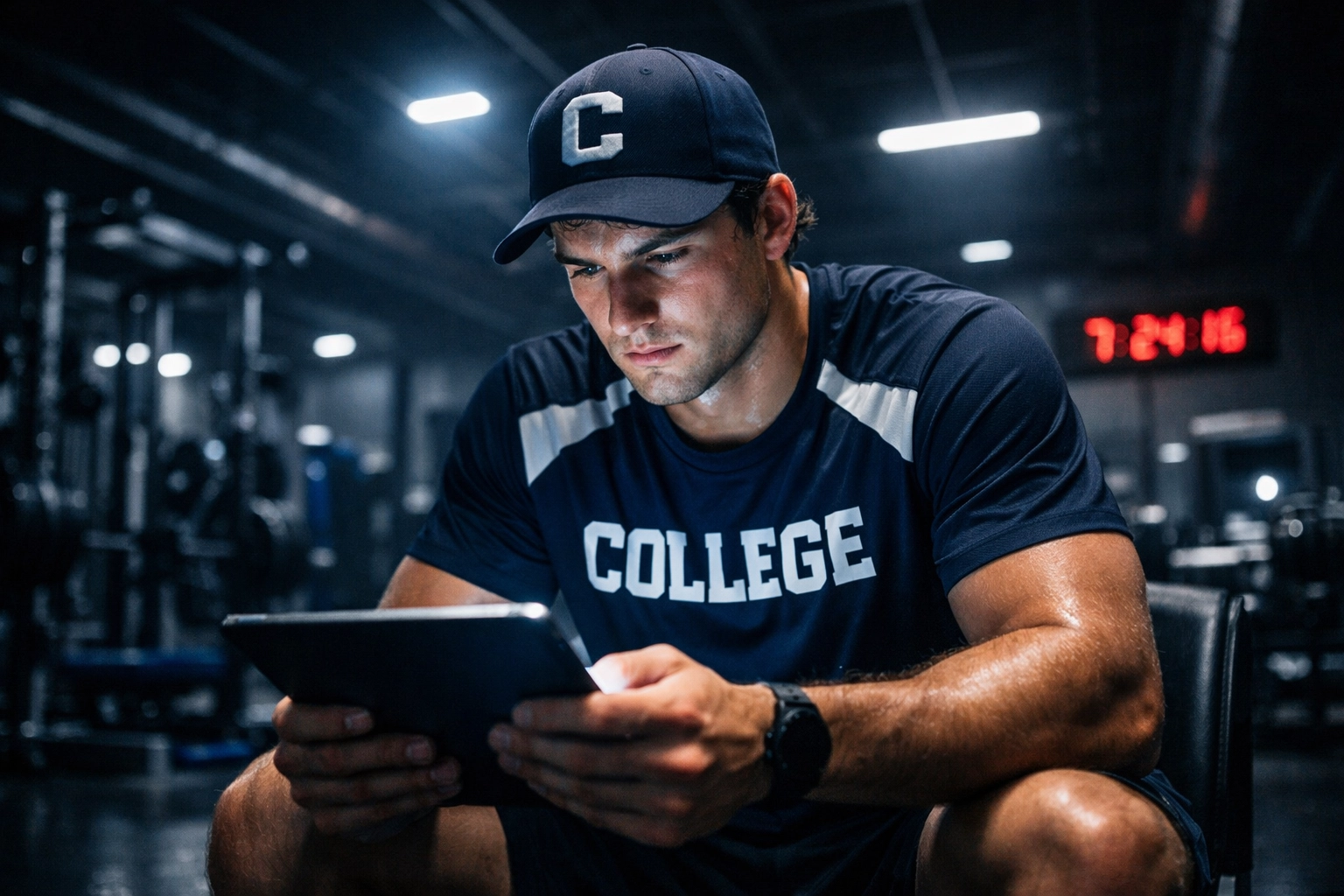 A college athlete reviews a digital branding strategy on a tablet to achieve long-term NIL success.