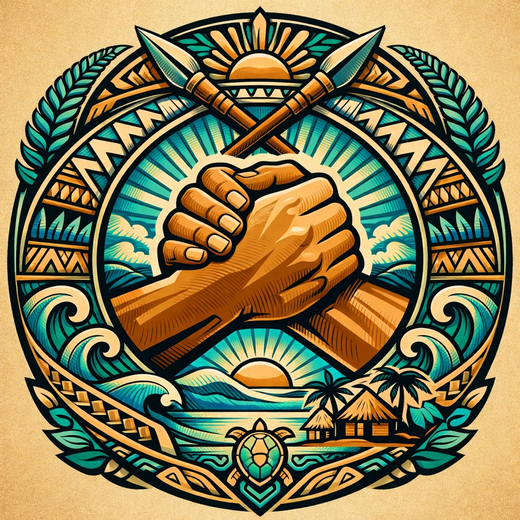 Symbolic island artwork representing community unity and Pacific Islander heritage support.