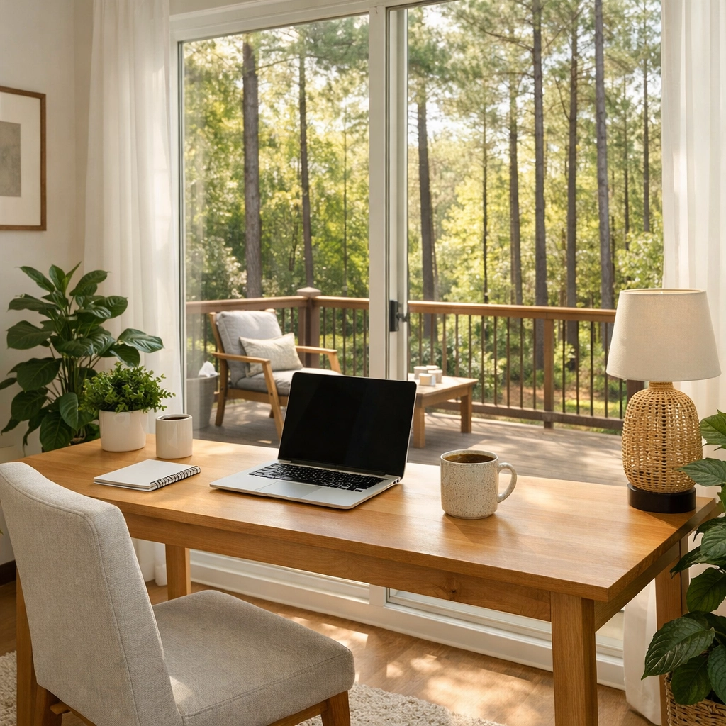 Sunlit modern home office in a Triad home overlooking a quiet, wooded North Carolina backyard.
