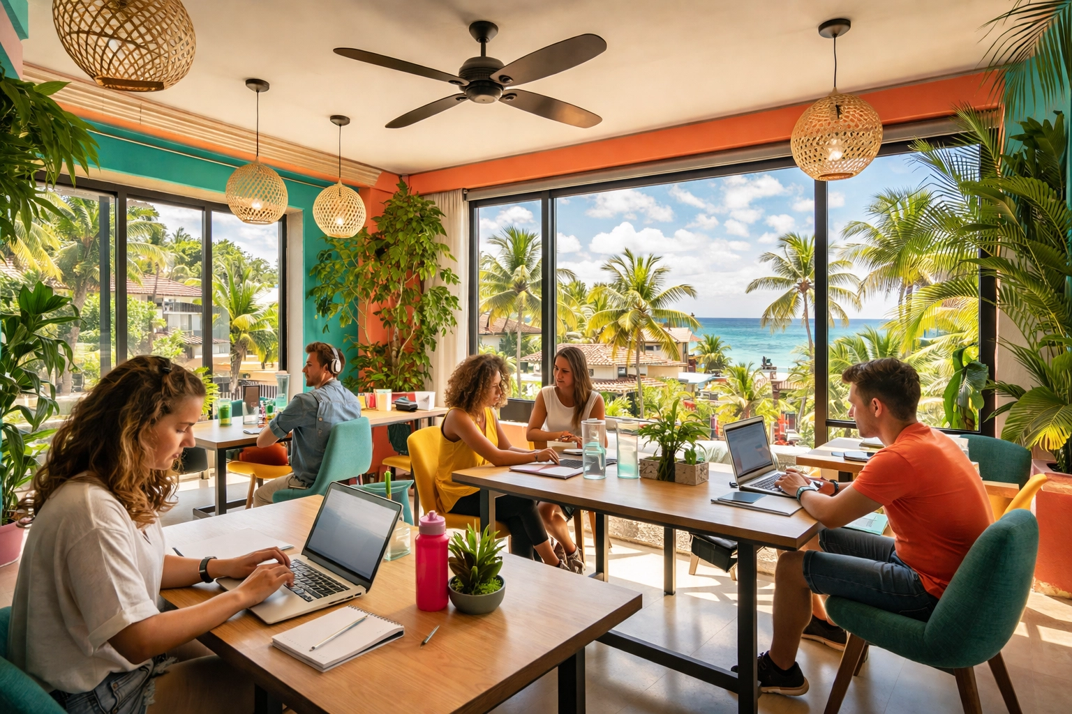 Coworking space in Puerto Vallarta with young professionals, lush plants, and views of the tropical beach town