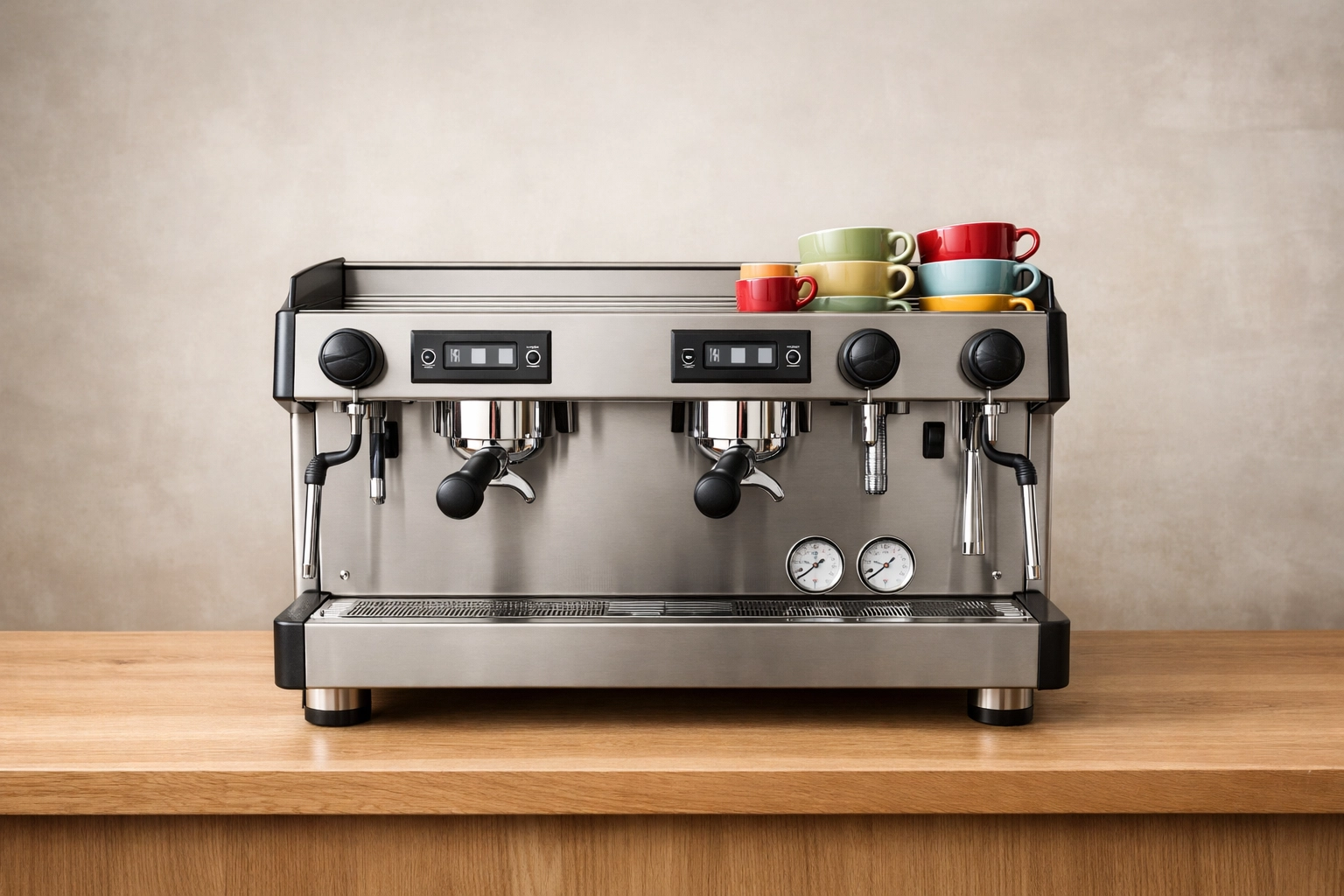 A professional two-group commercial espresso machine on a wooden counter in a modern coffee shop.