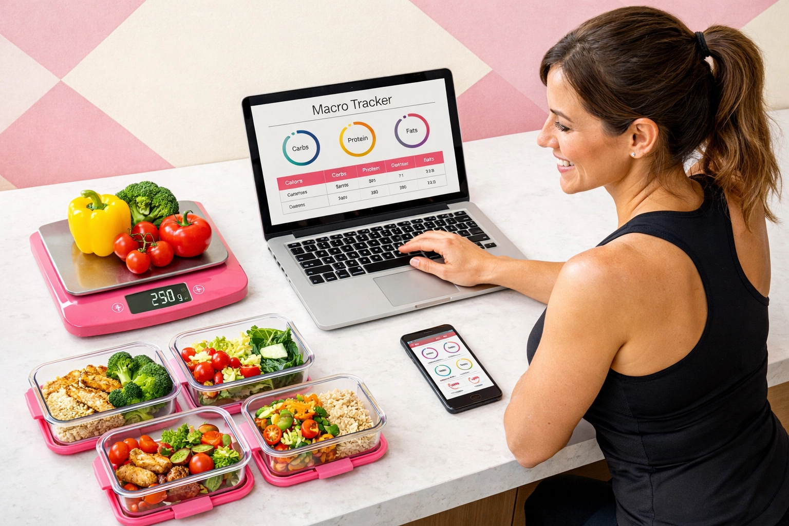 Woman using macro tracking app with digital food scale and healthy meal prep ingredients