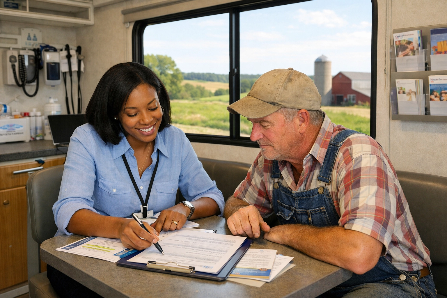 Care coordinator helping rural resident access mental health services at mobile clinic