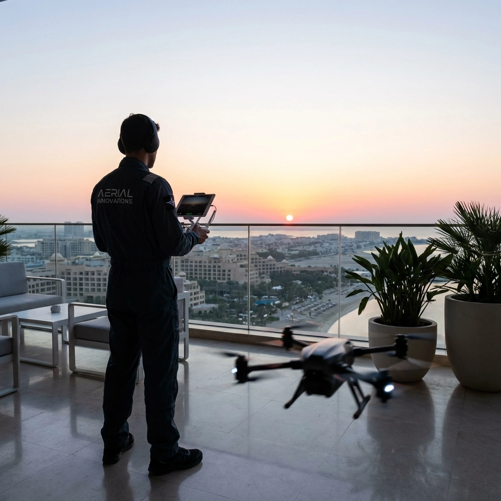 Behind-the-scenes scene of a drone operator filming a hotel rooftop at sunrise, demonstrating innovative video marketing for hotels.