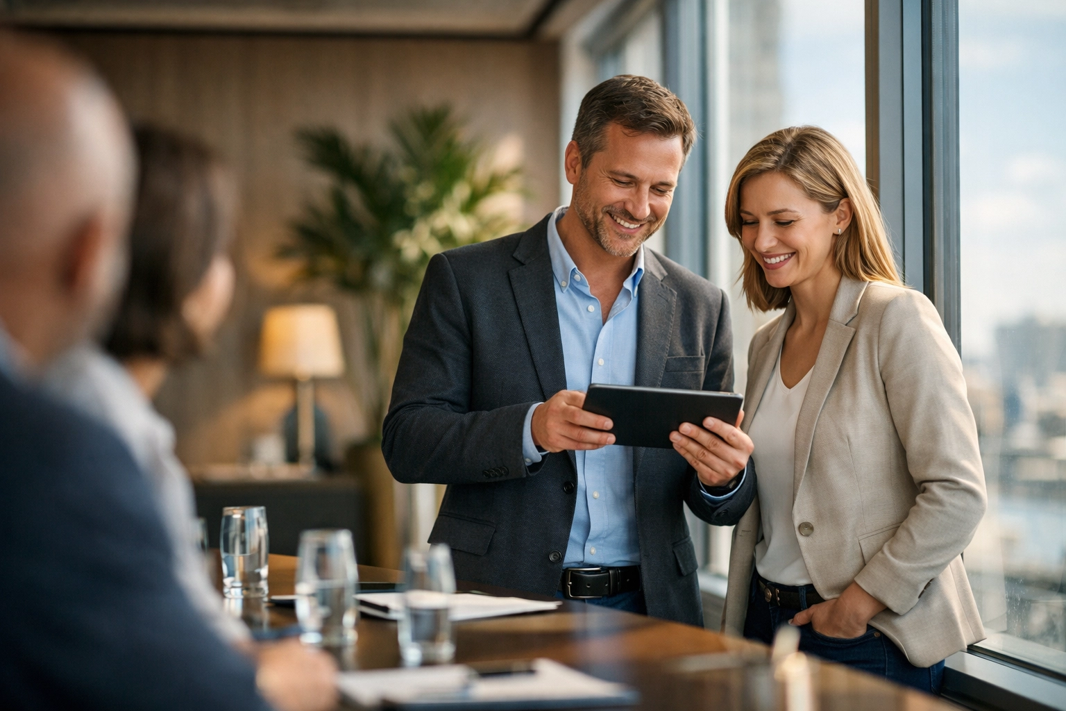 Two professionals collaborating on digital media brand partnership strategies in a modern office.