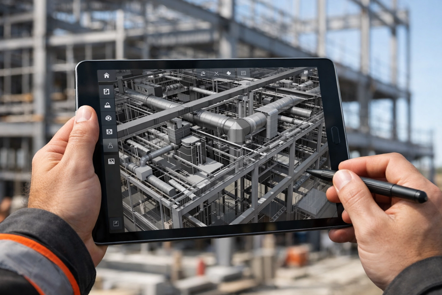 HMO architect using BIM technology to coordinate structural engineering on a London building site.