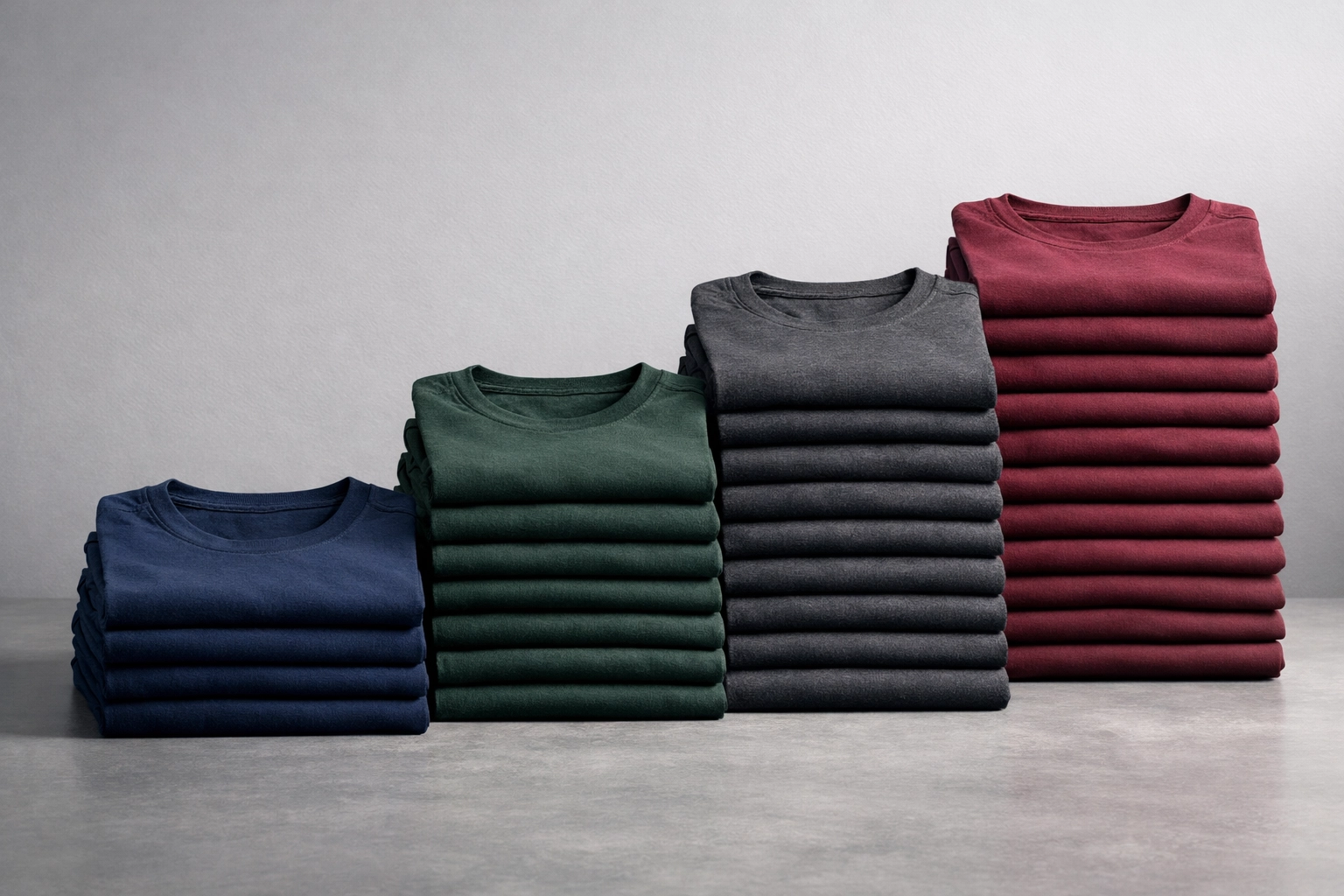 Stacks of colorful t-shirts representing tiered pricing volume for custom t shirt printing.