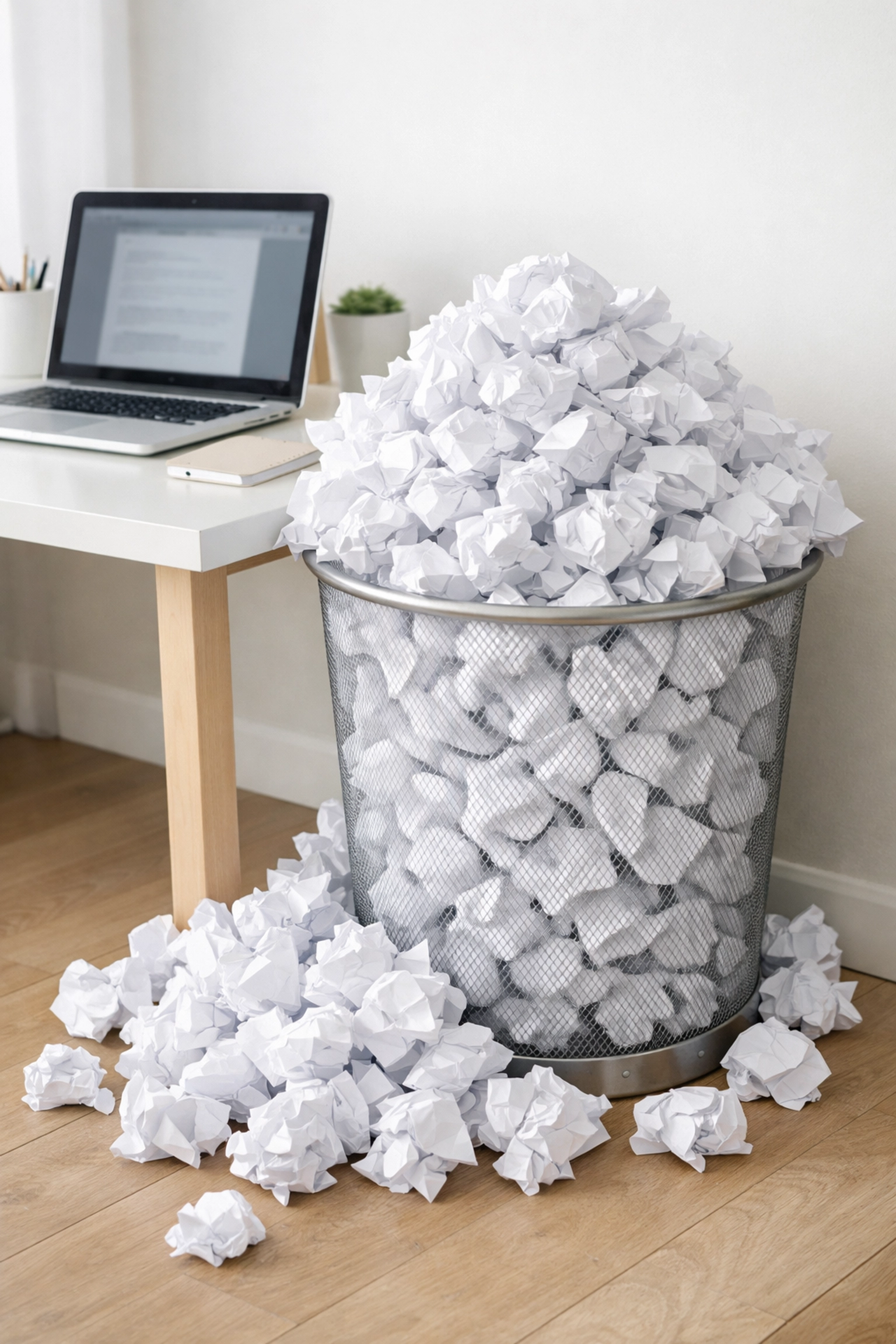 An overflowing wastepaper bin by a desk, representing ignored email marketing fluff and low engagement.