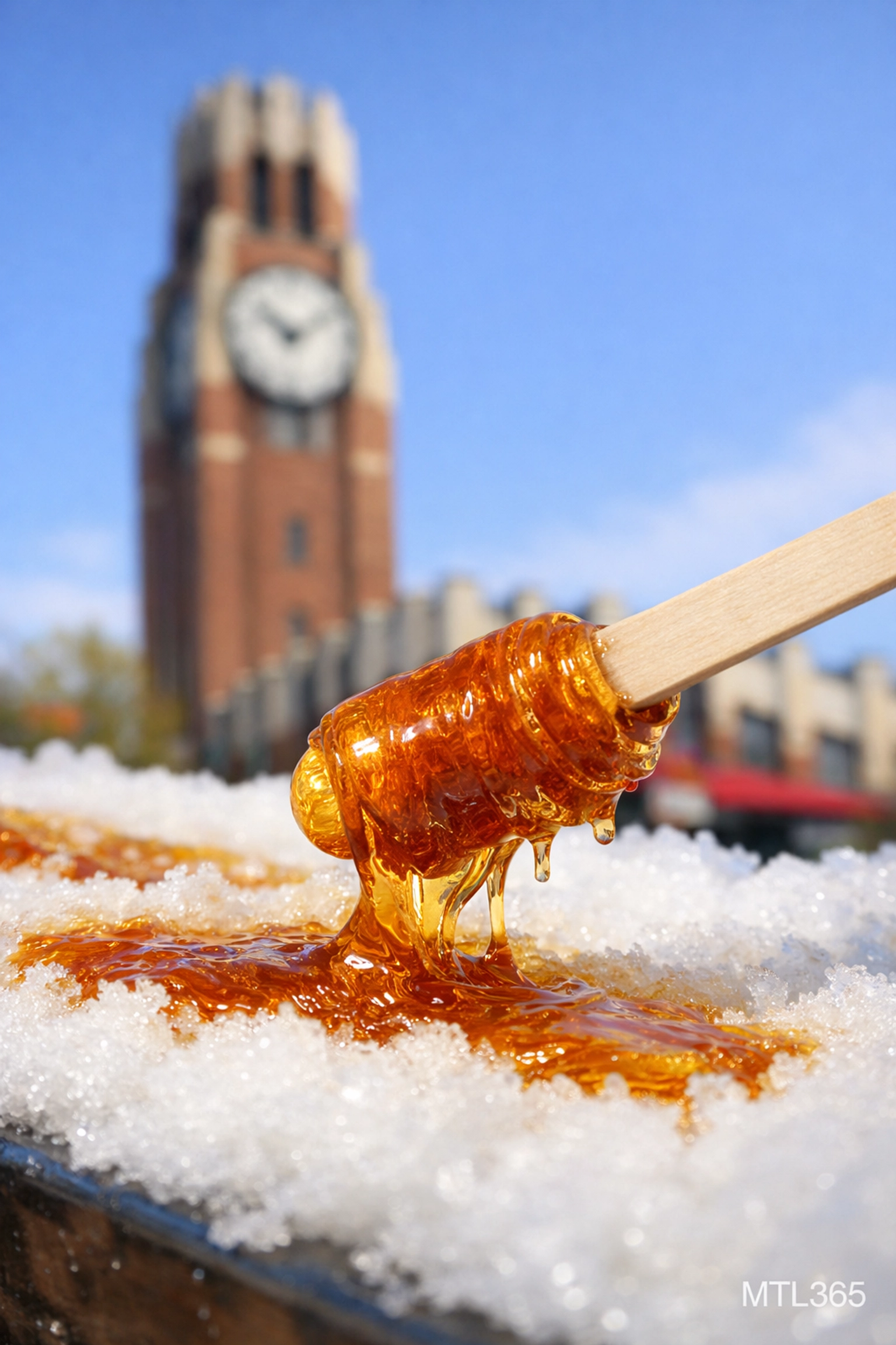 Traditional maple taffy being rolled on snow at Montreal’s Marché Atwater sugar season celebration.