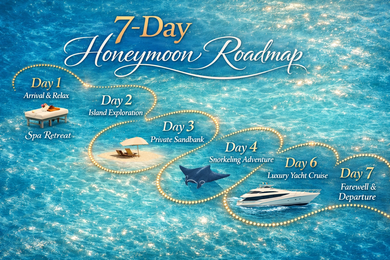 7-day luxury Maldives honeymoon itinerary roadmap with romantic activities and yacht cruises.